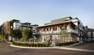 Rendering of Madison’s two-storey amenity building in Mission, BC, featuring landscaped gathering spaces designed for community connection.