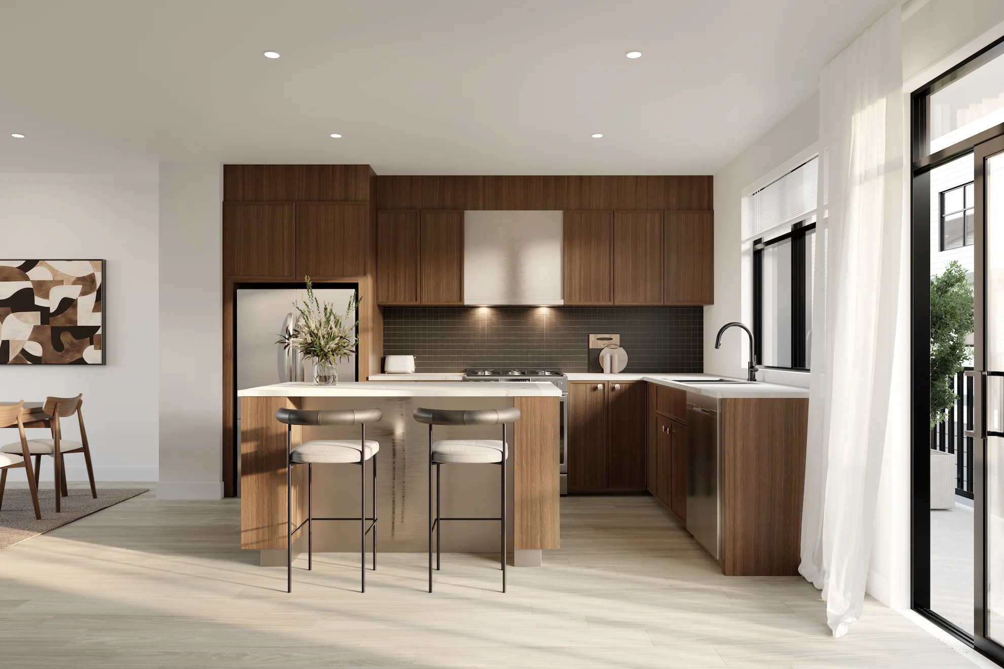 Interior rendering of a Madison townhome kitchen in Mission, BC, featuring wood cabinetry, island seating, and premium finishes.