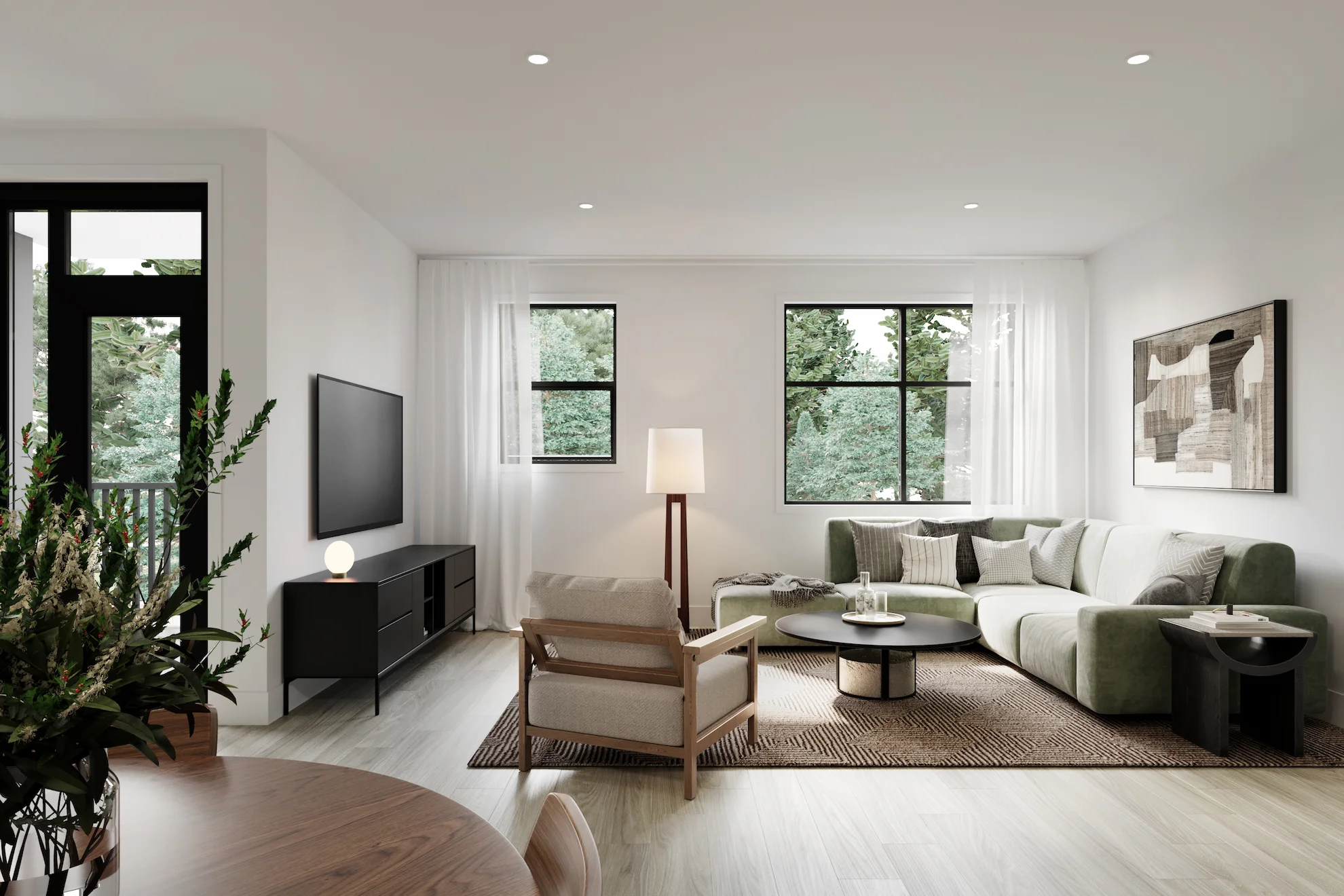 Interior rendering of a Madison townhome living room in Mission, BC, featuring open-concept layout with bright windows and modern finishes.